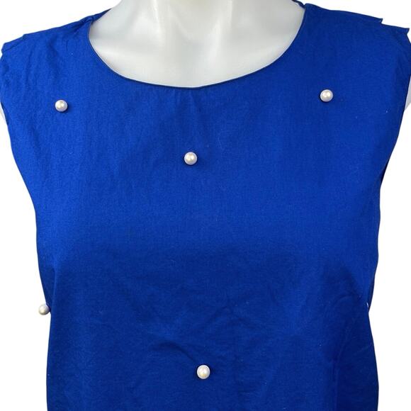 Zara Blue Sleeveless Pearl Embellished Frill Ruffle Lace Up Back Blouse Top XL - Picture 3 of 5